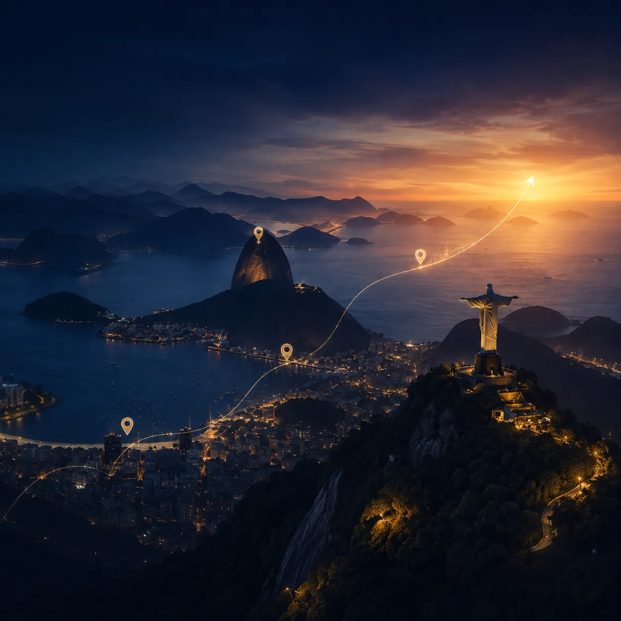 Vista do Rio de Janeiro ao anoitecer com rota de pontos turísticos iluminada
